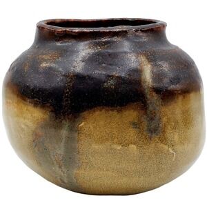 Bean Pot Squat Vase Art Pottery Brown Tan Signed Small Ceramic Rustic Decor Vtg